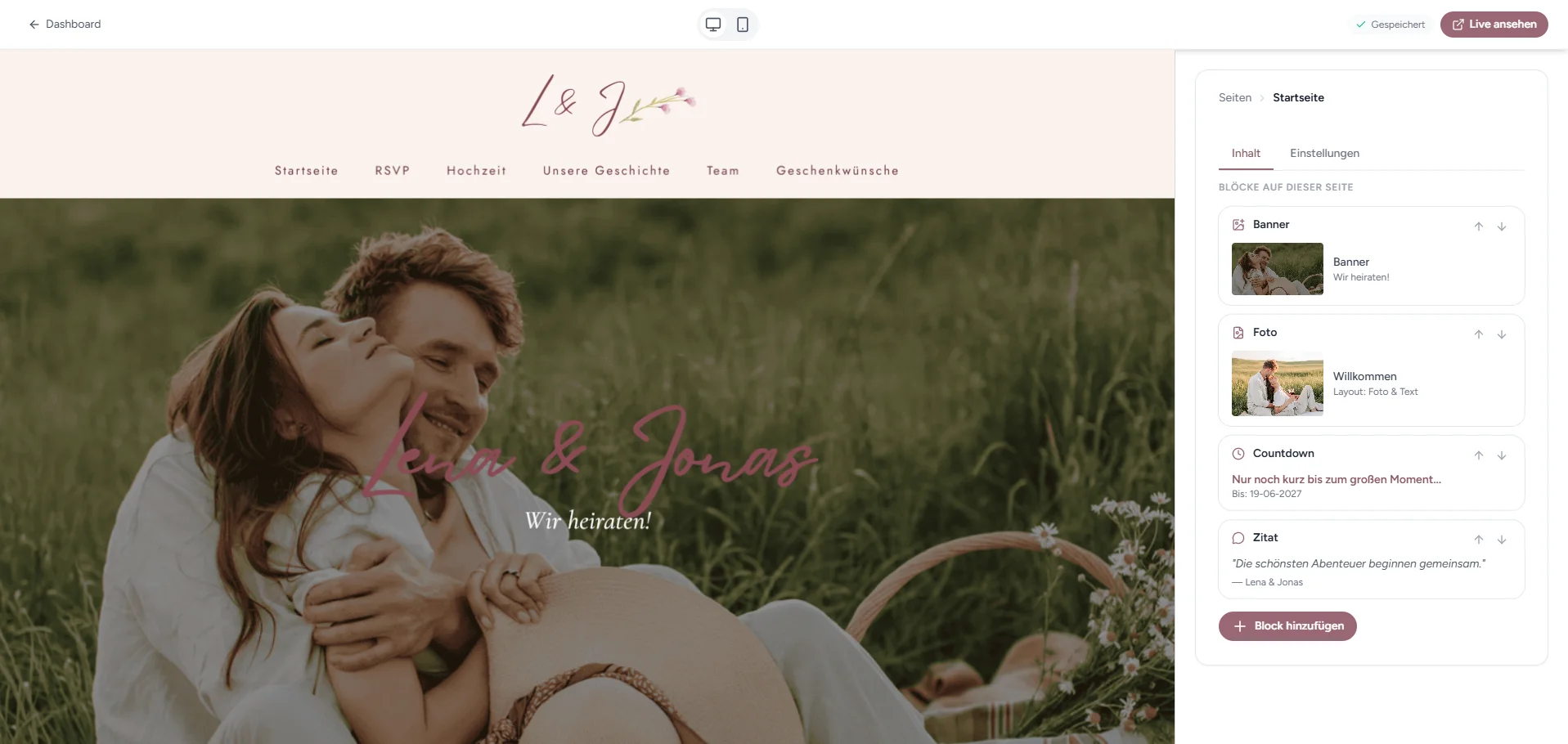 Editor für die Hochzeitswebsite