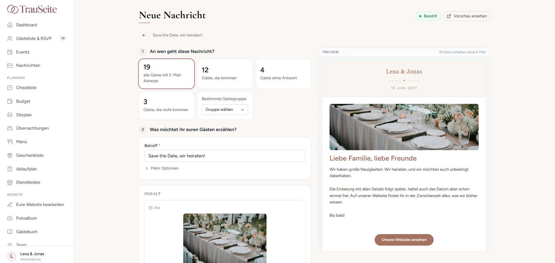 Neue Nachricht mit der fertigen Save-the-Date-Vorlage und der Vorschau der E-Mail