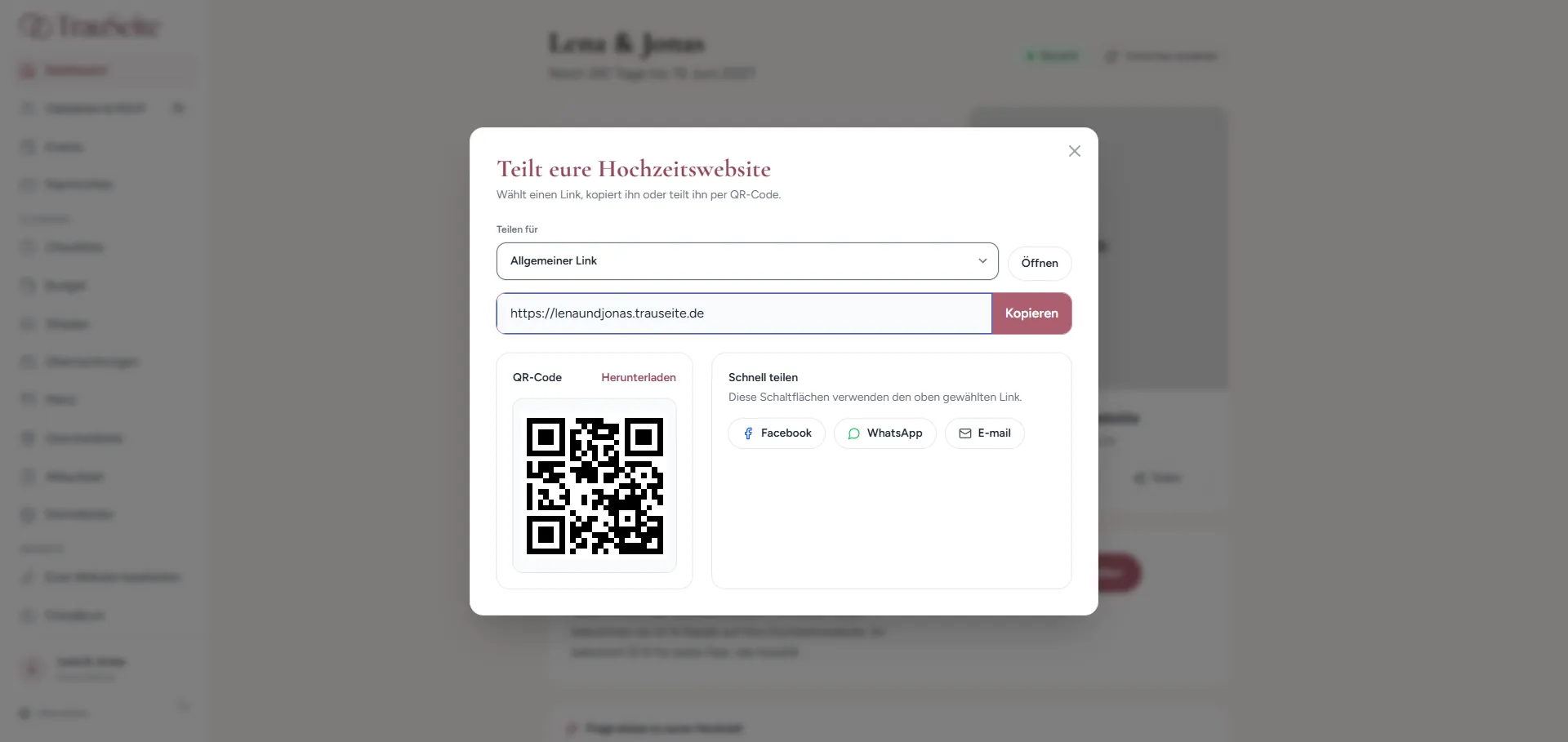 Teilen-Fenster mit dem Link der Hochzeitswebsite, einem QR-Code und Buttons für WhatsApp, E-Mail und Facebook